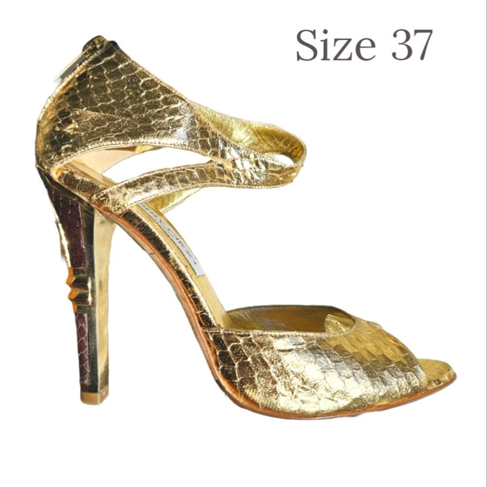 Jimmy Choo Gold Python with Art Deco Heels Size 37